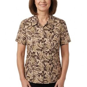 Vanity Fair Shirt Womens 10P Brown Floral Linen Blend‎ Tropical Vacation Blouse